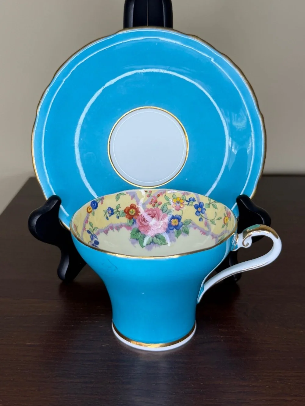 Vintage Aynsley Turquoise Teacup Saucer Set B5304 Cabbage Rose Gold Gilt 1960s